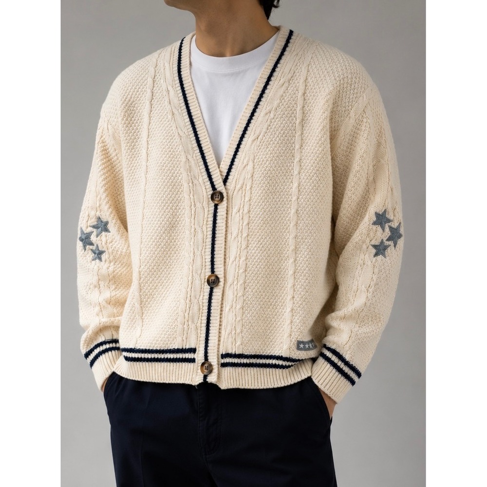 Cream Cable Knit Star Cardigan Patriotic July 4th Stars Sweater Mens XL NWOT